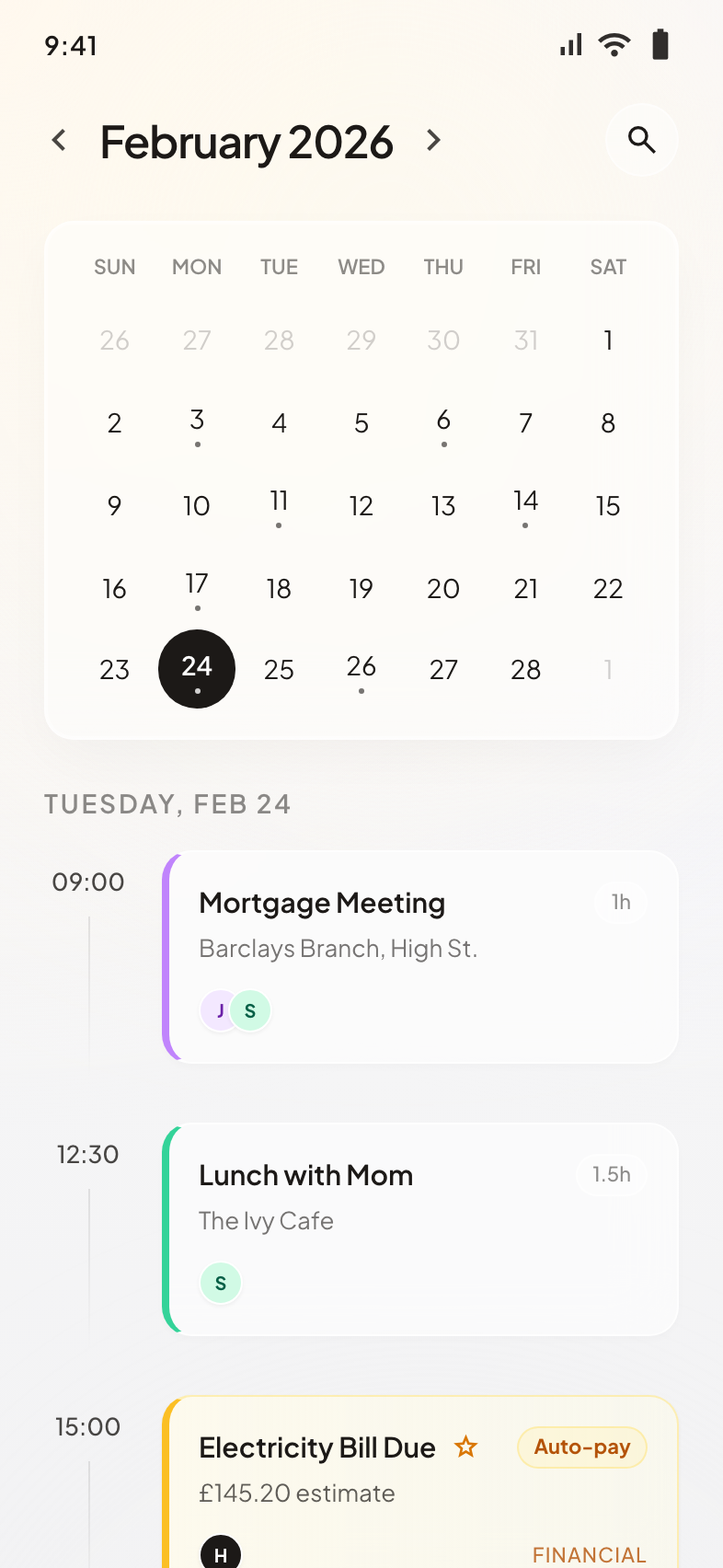 Calendar screen